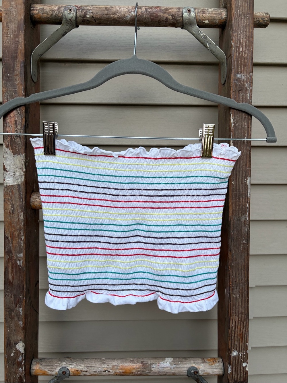 Women’s White Smocked Tube Top with Rainbow Stripes